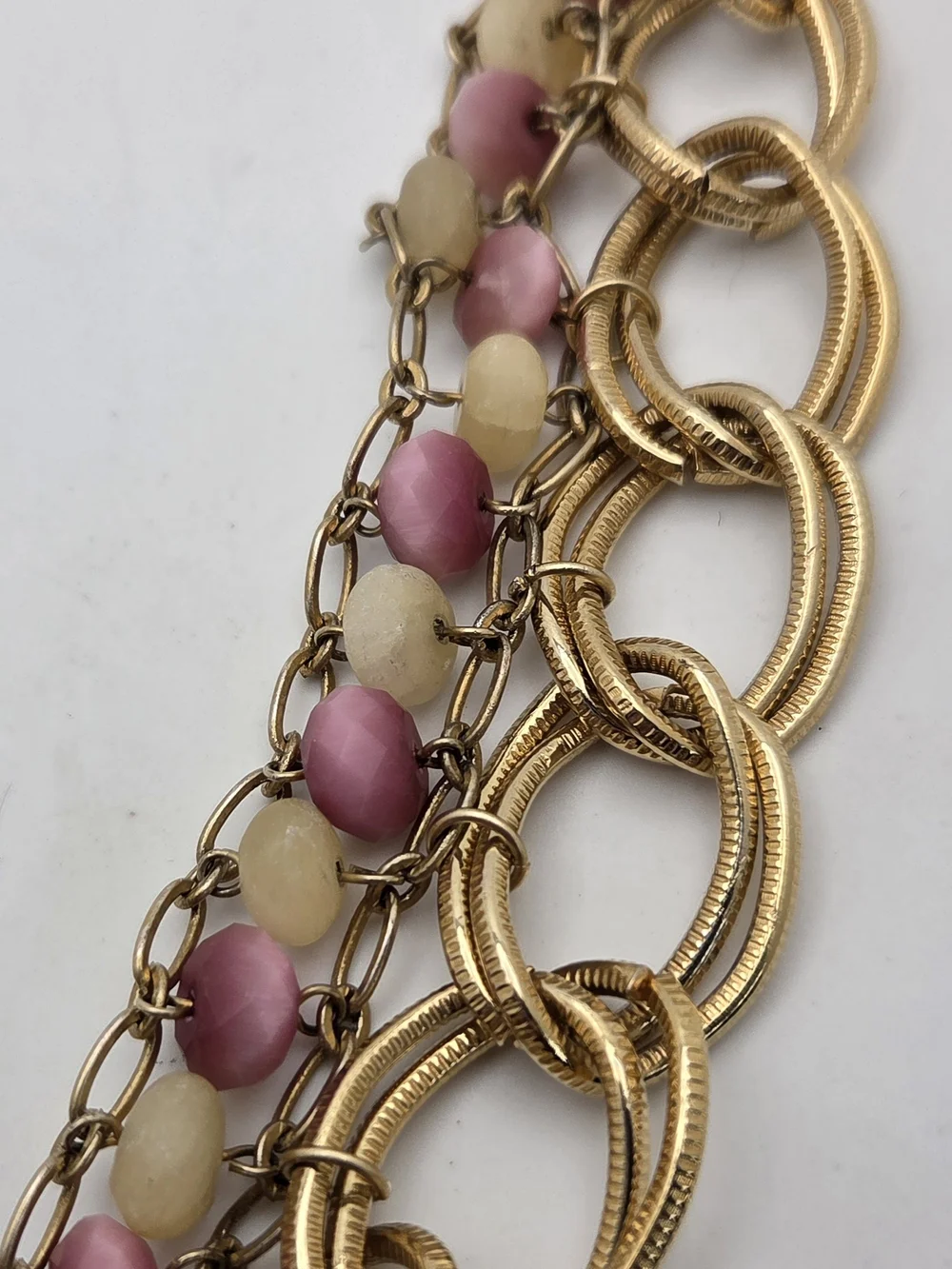 Vintage Multi-Strand Statement Bracelet Gold Tone Chunky Link Pink Cream Glass